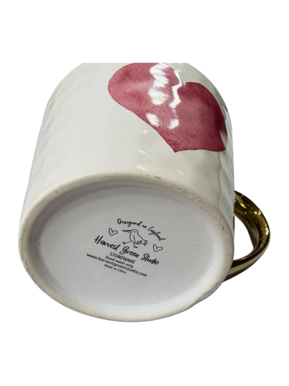 Harvest Green Studio Heart Mug White Stoneware Gold Handle Valentine Coffee Cup - Picture 4 of 4